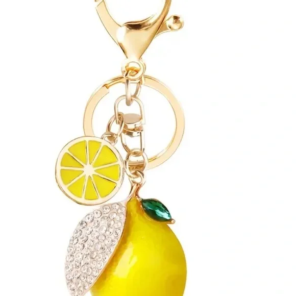 Alloy Lemon Keychain with Rhinestone Accents, Decorative Fruit - Picture 6 of 7